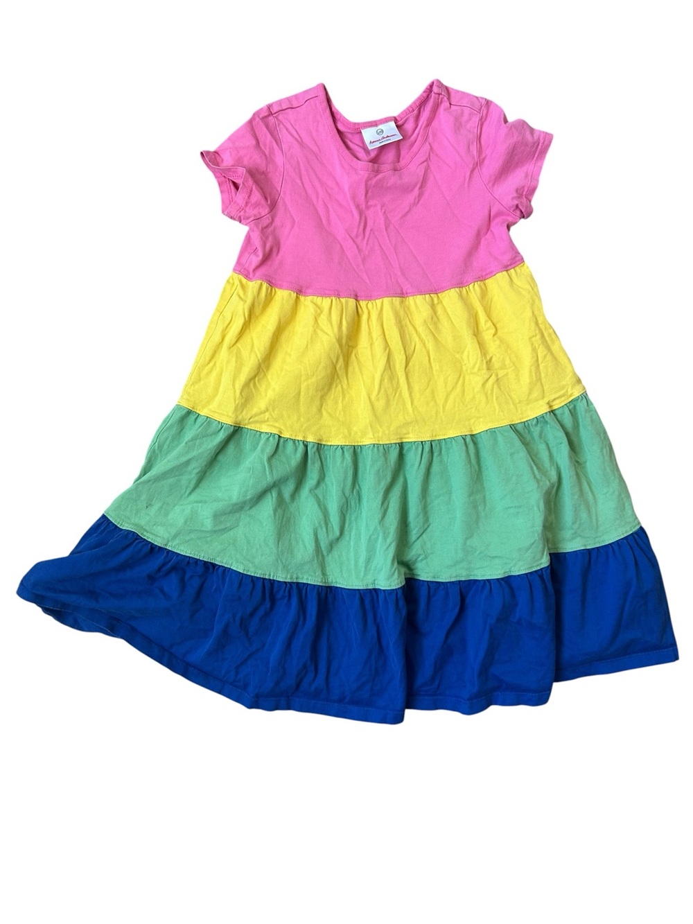 Hanna Andersson Girls’ Colorblock Tiered Dress Pink Yellow Blue Size 6-7 Years